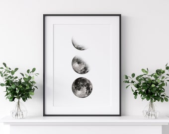 Moon Phase Print, Moon Art, Moon Wall Decor, Moon Black And White, Phases of the Moon, Moon Wall Art, Moon Phases Poster, Digital download.