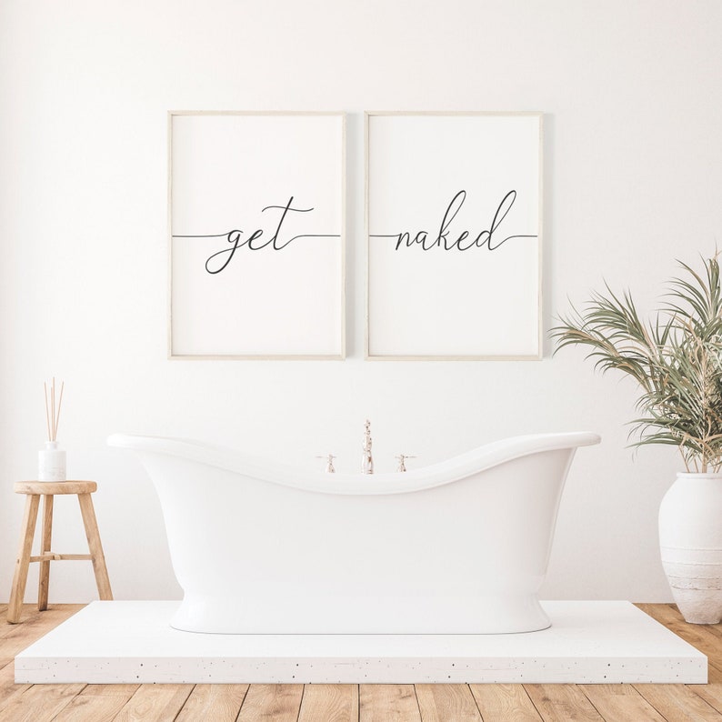 Get Naked Sign, Get Naked Printable, Bathroom Wall Decor, Set Of 2 prints, Bathroom Wall Art, Bedroom Wall Art, Modern Bathroom Art, Minimal imagen 1