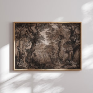 Antique Watercolor Painting | Moody Landscape Print | Country Wall Decor | Brown Dark Artwork | Vintage Woodland Prints | Printable Wall Art