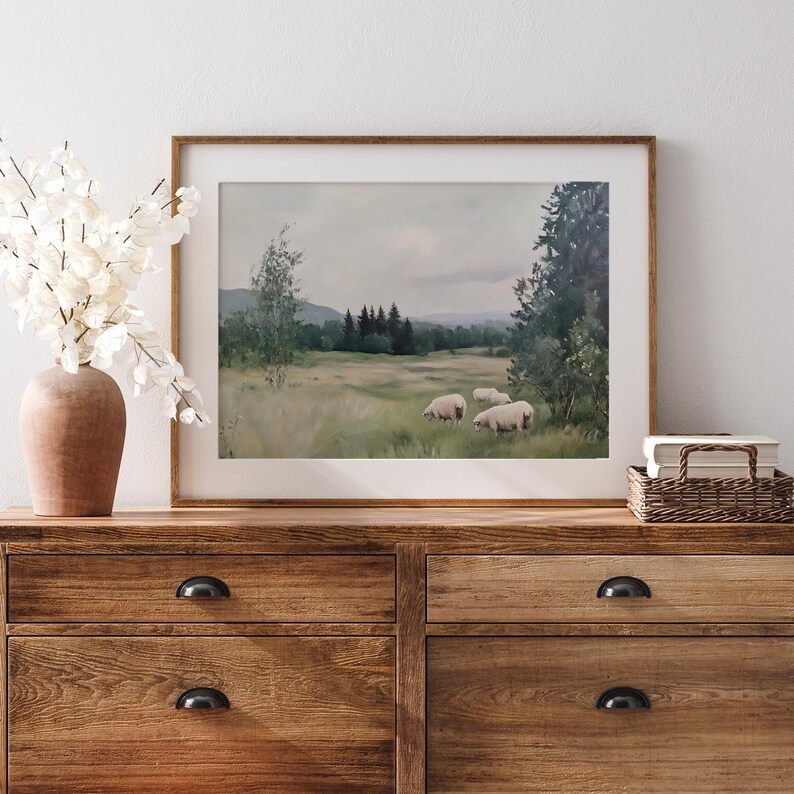 Vintage Sheep Grazing Landscape Painting | Muted Neutral Nature Wall ...
