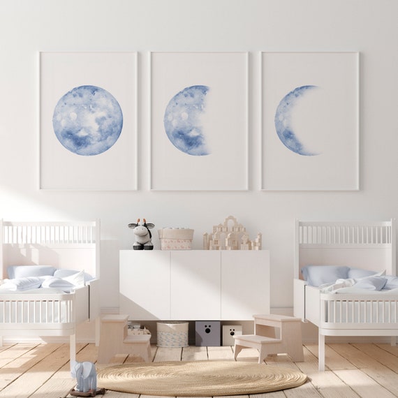 Blue Black Wall Art Photo Print Home Decor Elephant Moon Children's Room Matted 