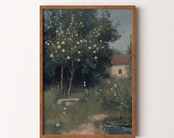 Vintage Garden Path Painting | Blooming White Rose Tree Art for Wall Decor PRINTABLE Digital Download | VI227