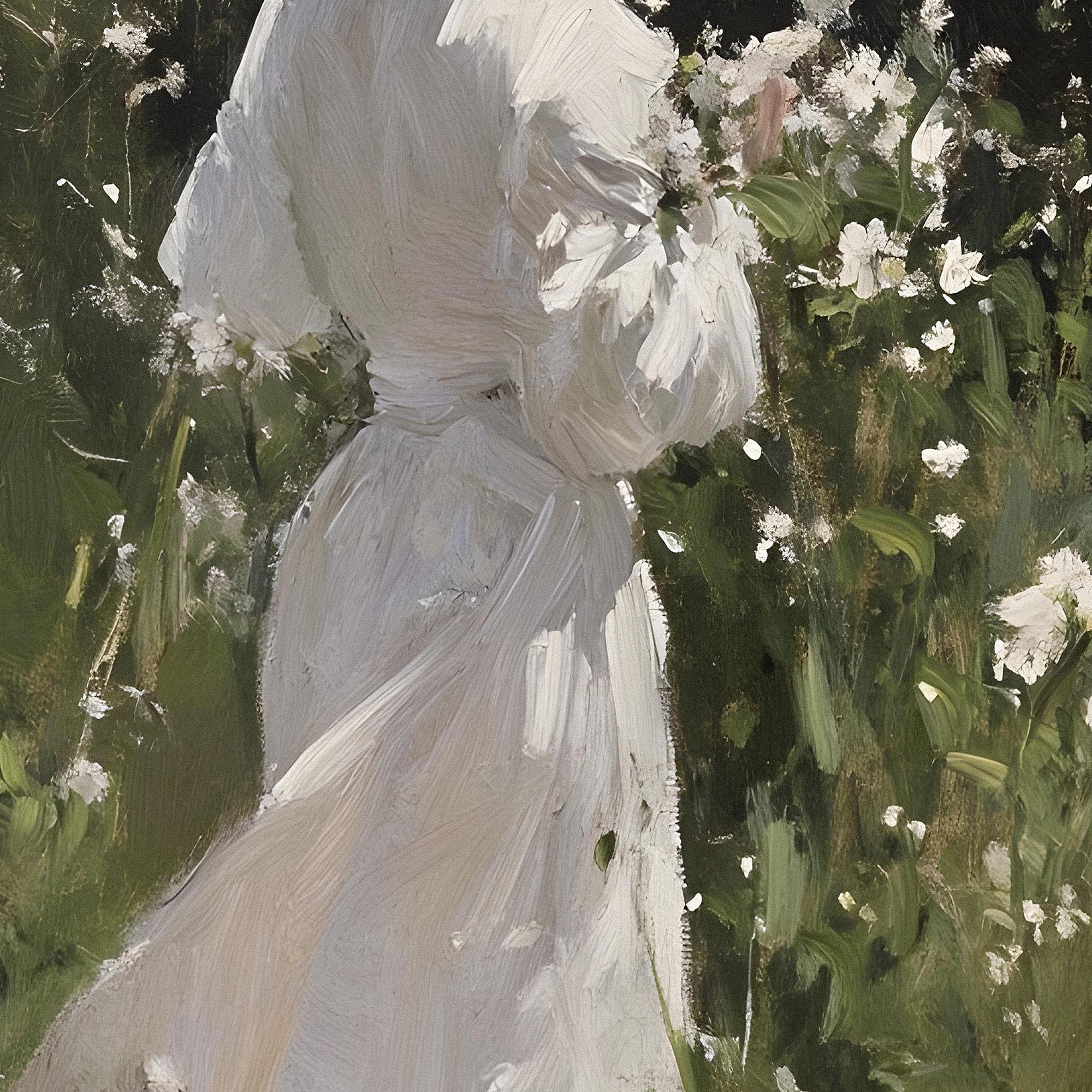 白いドレスを着たヴィンテージの女性の絵画 | ムーディーな緑の庭の