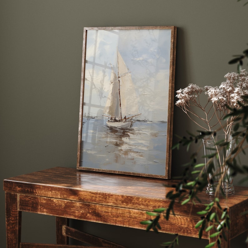 Muted Sailboat Print Vintage Nautical Painting Oil painting Sign Neutral Seascape Print PRINTABLE WALL ART image 5