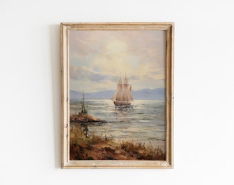 Pintura al óleo de velero / Impresión de mar vintage / Impresión de barco / Impresiones vintage / Decoración de pared rústica / Decoración de sala de estar ARTE DE PARED IMPRIMIBLE