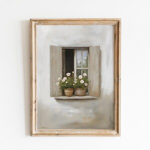 May include: A framed painting depicting a window with white shutters and two potted plants containing white flowers. The window is open, revealing a glimpse of a garden beyond.
