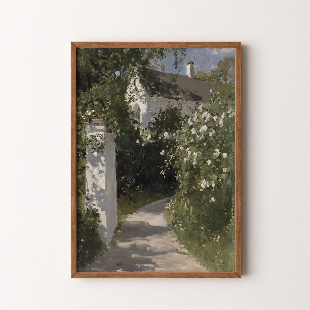 Rustic Garden Path Painting | White Cottage Spring Scene Wall Art ...