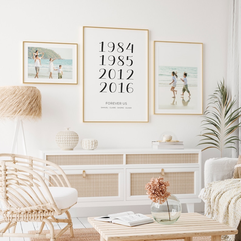 May include: Three framed prints on a white wall. The center print has black text that reads "1984 1985 2012 2016 FOREVER US SAMUEL, CLAIRE, SHANE, OLIVER". The left and right prints are photos of a family on a beach.