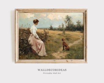 ヴィンテージ油絵 花畑の中の女性、野の花の壁アート、花の壁アート、花の絵画、風景油絵の印刷可能