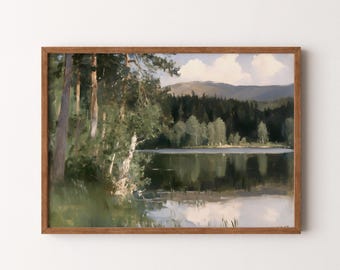 ヴィンテージ風景画 | 静かな山の湖の森の風景 | 印刷可能なデジタルダウンロード | VI420