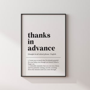 Office Wall Art, Work From Home, Funny Art, Office Art Print, Definition Print, Office Print, Print, Home Decor Wall Art, Thanks in Advance