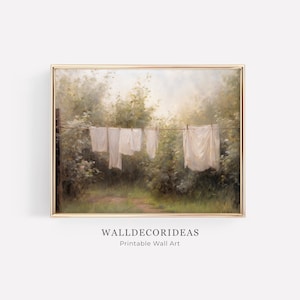 May include: A painting of a clothesline with white laundry hanging in a lush green forest setting. The sky is a soft blue with white clouds. The painting has a vintage feel.