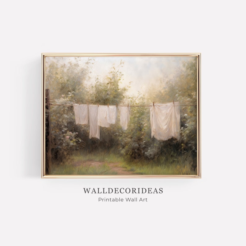 May include: A painting of a clothesline with white laundry hanging in a lush green forest setting. The sky is a soft blue with white clouds. The painting has a vintage feel.