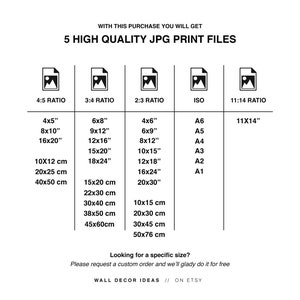 May include: A chart showing different print sizes and ratios for digital downloads. The chart includes measurements in inches and centimeters. The text reads "With this purchase you will get 5 high quality JPG print files".