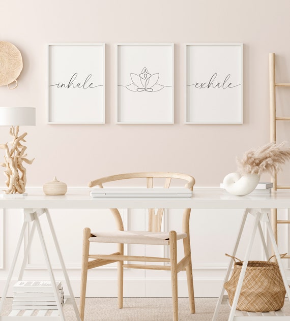 Inhale Exhale Wall Art, Yoga Wall Decor, Meditation Prints, Bedroom Wall Art, Inhale Exhale Print, Yoga Set of 3 Prints, Lotus Flower Print