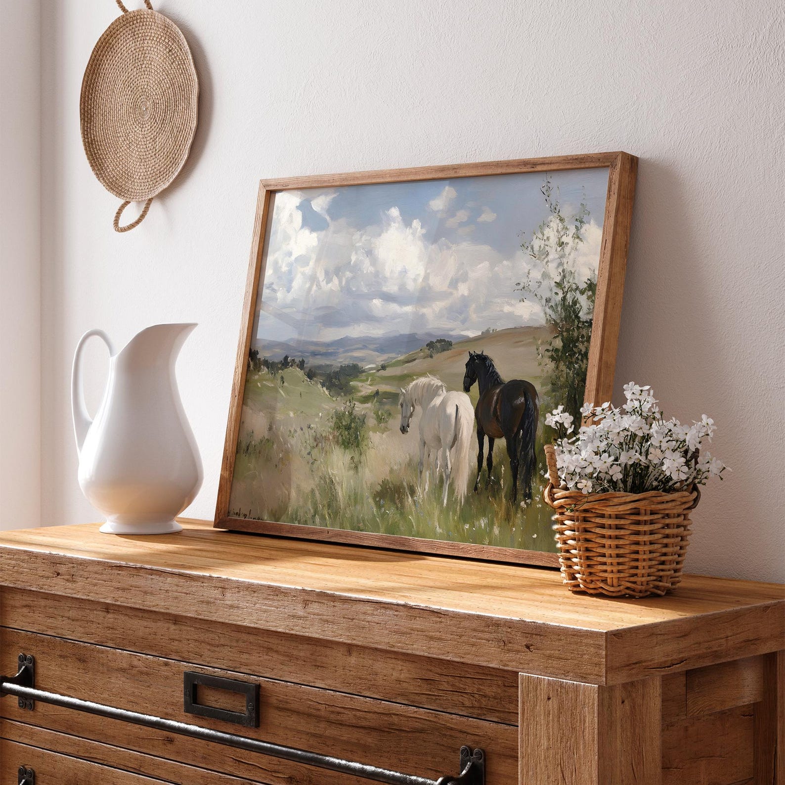 Vintage Horses in Landscape Painting | Rustic White and Black Horse ...