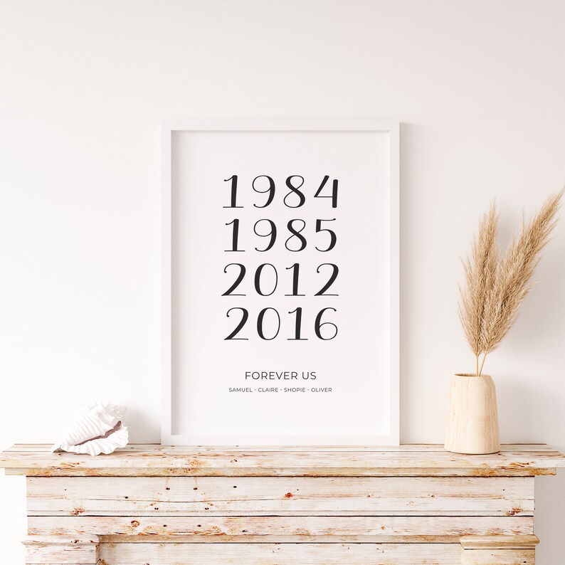 May include: A black and white printable wall art print with the years 1984, 1985, 2012, and 2016 printed in a large font. The text "FOREVER US" is printed below the years, followed by the names "SAMUEL - CLAIRE - SHOPIE - OLIVER".