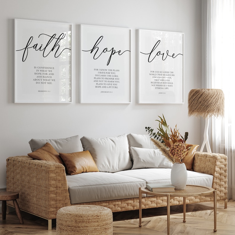 Faith Hope Love Bible Verse Wall Art Set of 3 Prints, Scripture Quote ...