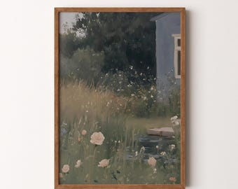 Vintage Rose Garden Painting | Moody Floral Landscape Wall Art PRINTABLE Digital Download | VI228