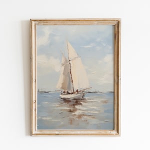 Gedämpftes Segelboot Print | Vintage Maritime Malerei | Ölgemälde Zeichen | Neutraler Seelandschaft Druck | DRUCKBARE WANDKUNST