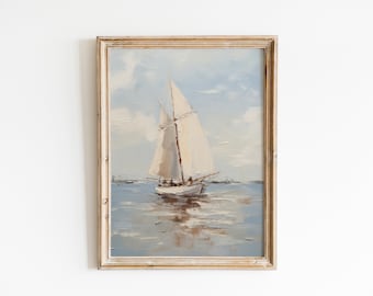 Muted Sailboat Print | Vintage Nautical Painting | Oil painting Sign | Neutral Seascape Print | PRINTABLE WALL ART