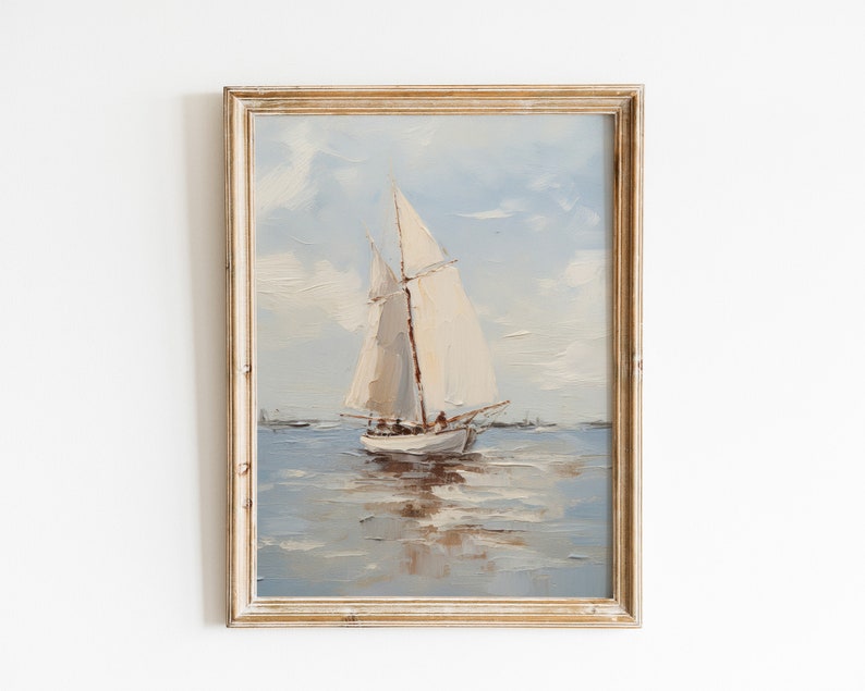 Muted Sailboat Print Vintage Nautical Painting Oil painting Sign Neutral Seascape Print PRINTABLE WALL ART image 1