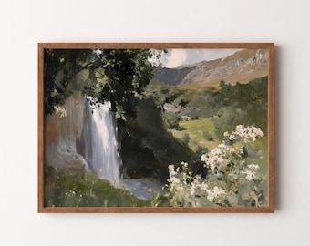 Vintage Mountain Waterfall Landscape Painting | Serene Nature Scene Print, Green and White PRINTABLE Digital Download | VI436