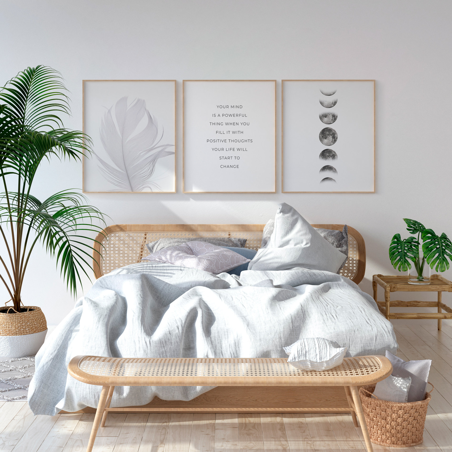 Bedroom Decor Above Bed Set of 3 Wall Art Moon Phase Print Etsy