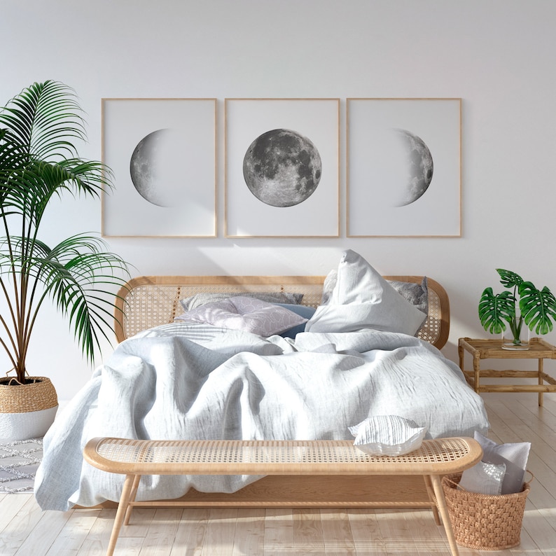Set of 3 Moon Prints, Wall Art, Above Bed Art, Minimalist Moon Art, La Lune Affiche, Lunar Phases Wall Art, Digital Download. 