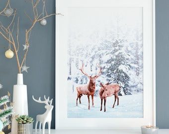 Winter deer art, Winter Wall Decor, Instant Download, Christmas Scene, Deer Wall Art, Christmas Wall Decor, Scandinavian Art,Snowy Printable