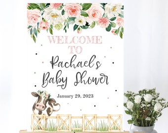 Cartello di benvenuto per baby shower con mucca floreale rosa Cartello di benvenuto per bambino Decorazioni floreali per baby shower rosa Cartello per doccia di benvenuto Cartello di benvenuto stampabile con mucca per bambini