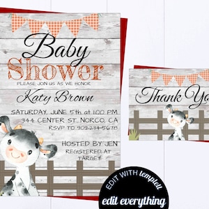 Cow Baby Shower Invite Farm Animal Baby Shower Invitations Baby Cow Baby Shower Invite Editable Cow Invitation Template Rustic Cow Invite