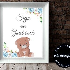 Baby Shower Guestbook Sign Printable Guest Book Sign Bear Instant ...