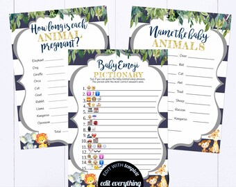 Safari Baby Shower Game Package Boy Jungle Animal Baby Shower Games Safari Baby Shower Games Giraffe Elephant Lion Baby Shower Game Set