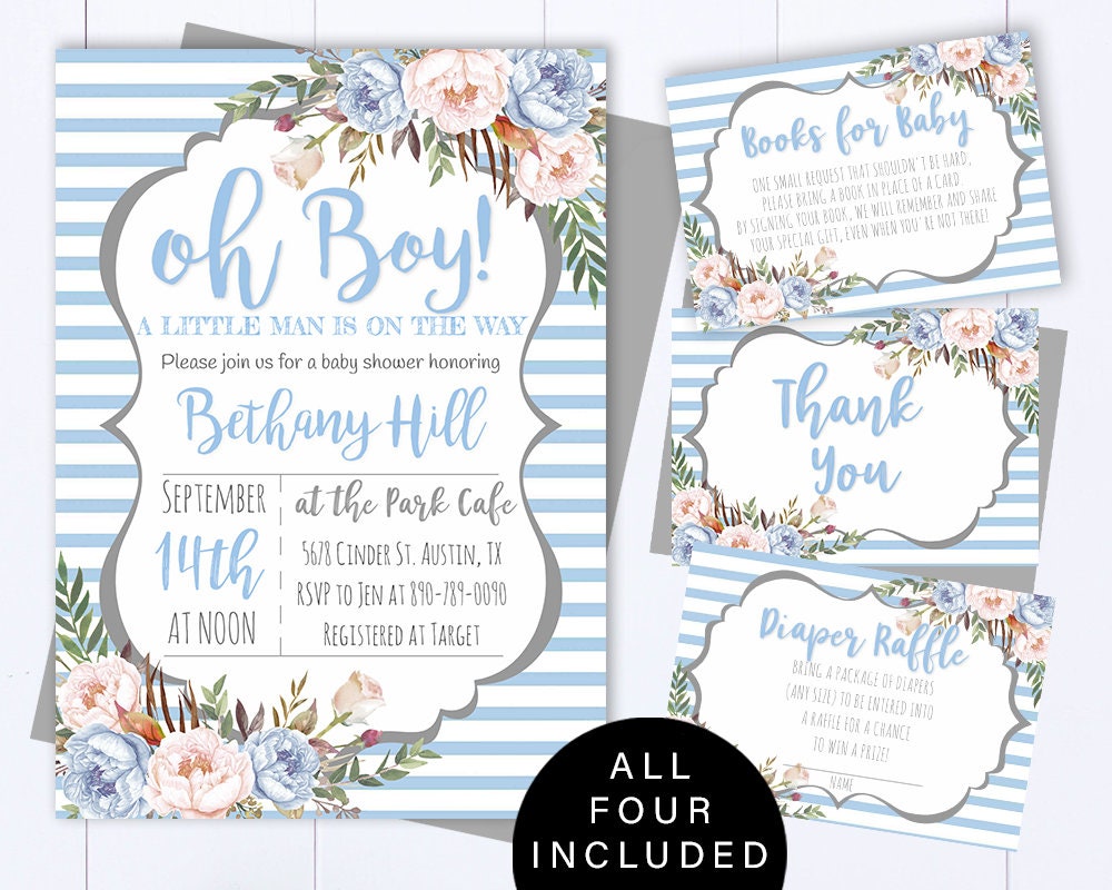 Floral Blue Baby Shower Boy Invite Blue Striped Baby Shower | Etsy