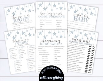 Twinkle Star Shower Games Printable Blue Baby Shower Games Package Baby Shower Activity Printable Hanging Stars Baby Shower Printable Games