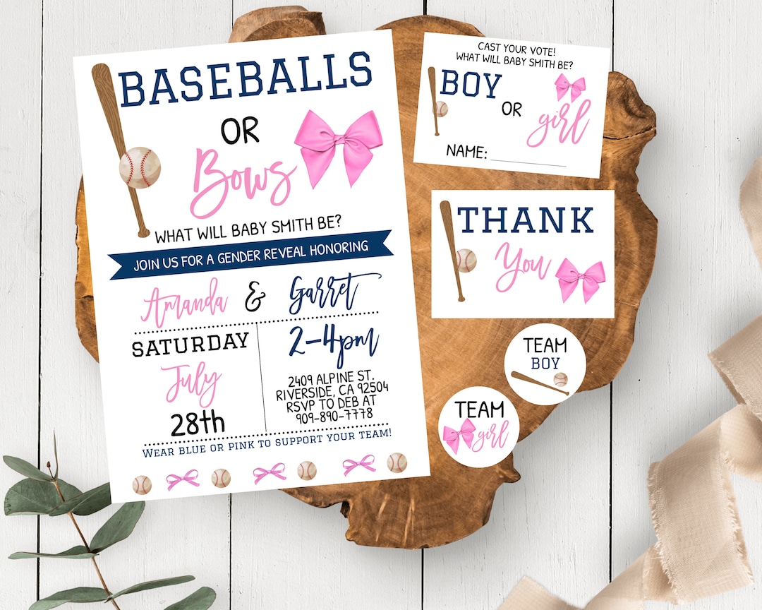 Baseball or Bows Gender Reveal Invitation Baseball and Bows Gender