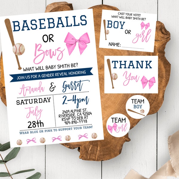 Baseball or Bows Gender Reveal Invitation Baseball And Bows Gender Reveal Theme Gender Reveal Pink And Blue Gender Reveal invite Vote Card