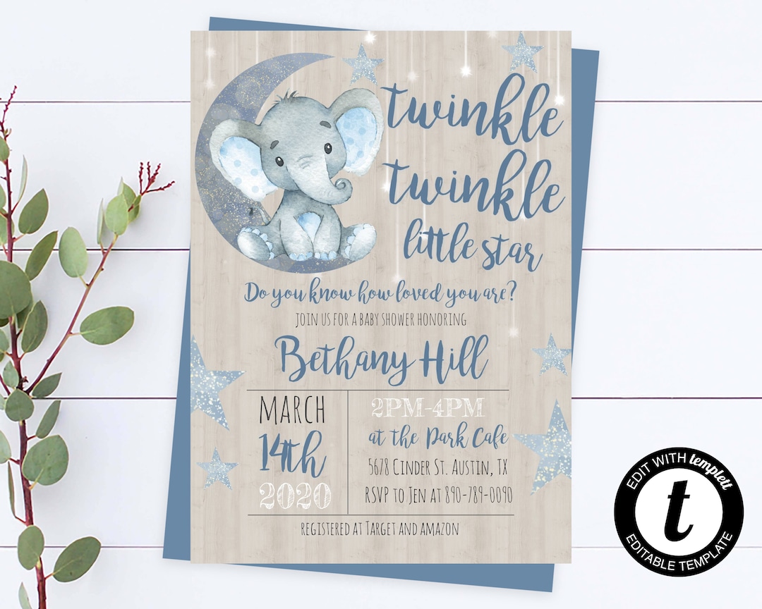Twinkle Twinkle Little Star Elephant Baby Shower Invite Blue