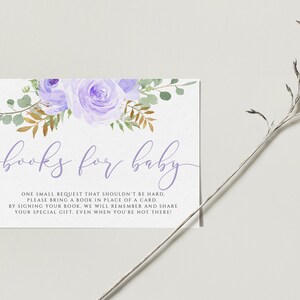Boeken met paarse bloemen voor babykaarten Babyshowerboeken voor baby Boekaanvraagkaart Breng een boekkaart Neem een boekinzet mee Boek in plaats van een kaart