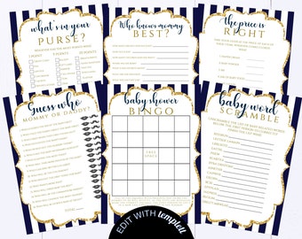 Blue And Gold Shower Games Printable Striped Baby Shower Games Package Baby Shower Activity Printable Gold Baby Shower Printable Games Set