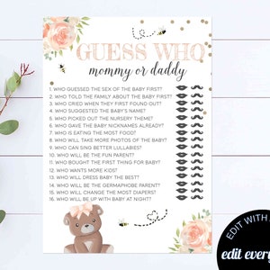 Guess Who Baby Shower Game Bear Mommy Or Daddy Baby Shower Activity Floral Baby Shower Guess Who Mommy Or Daddy Game Teddy Bear Guess Game