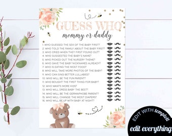 Guess Who Baby Shower Game Bear Mommy Or Daddy Baby Shower Activity Floral Baby Shower Guess Who Mommy Or Daddy Game Teddy Bear Guess Game