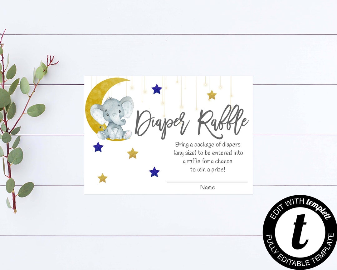 Elephant Diaper Raffle Baby Shower Ticket Moon and Stars Baby Shower ...