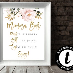 Blozen roze baby shower Mimosa Bar teken Floral baby shower Mimosa Bar teken afdrukbare baby shower roze en gouden Mimosa teken gouden Mimosa teken
