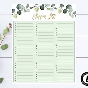 May include: A printable shopping list template with a green background and a floral border. The list is divided into categories: produce, bakery, frozen, drinks, meat, dairy, dry goods, and misc.