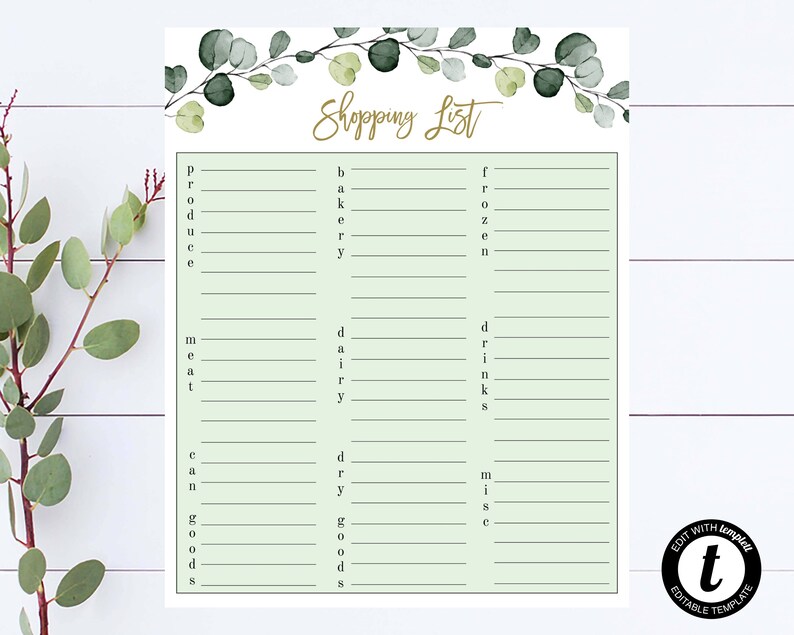 May include: A printable shopping list template with a green background and a floral border. The list is divided into categories: produce, bakery, frozen, drinks, meat, dairy, dry goods, and misc.