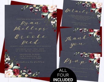 Navy Blue Floral Wedding Invitation Template Wedding Invitations Printable Invitation Suite Floral Invitation Set Floral Invitation Elegant