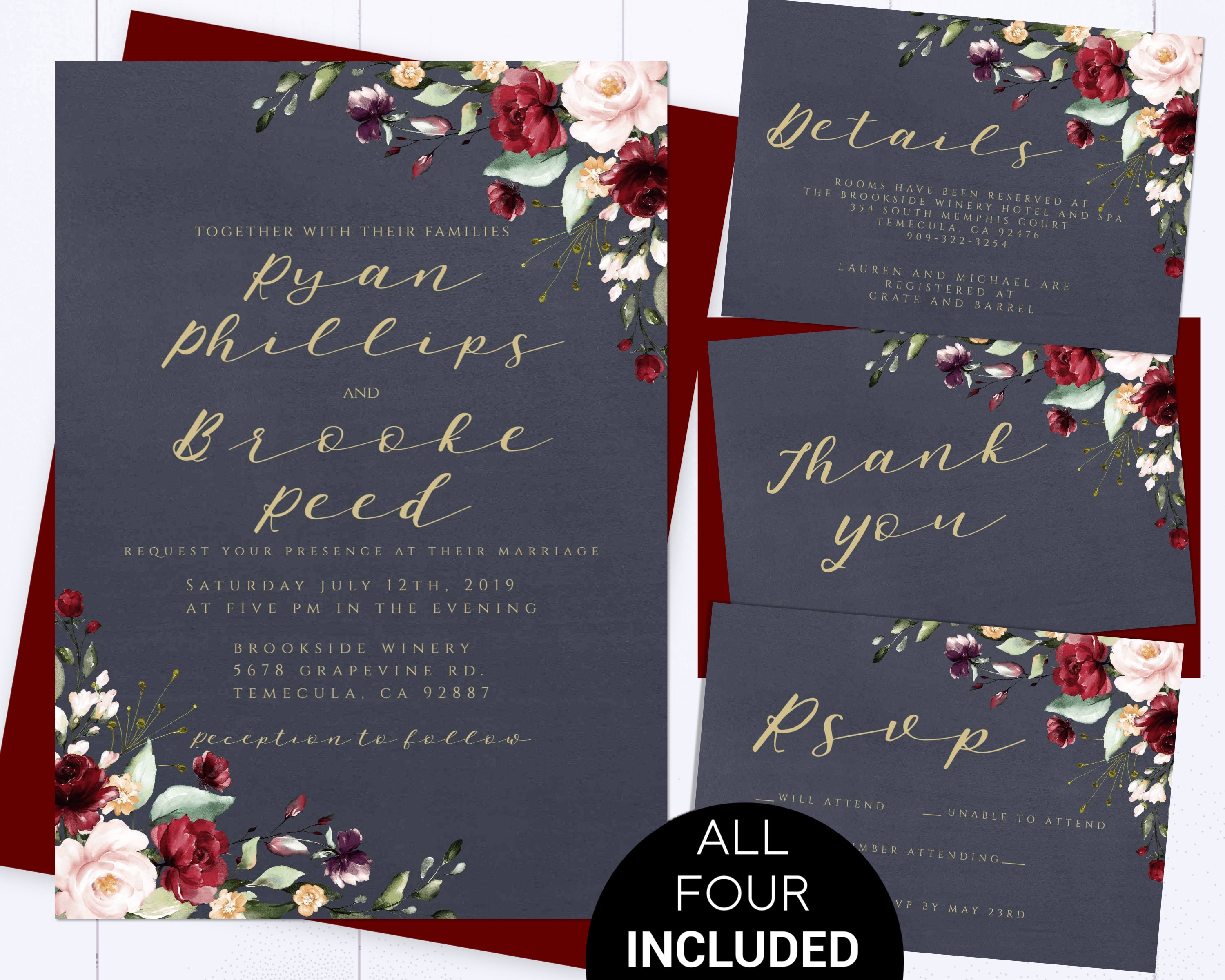 Navy Blue Floral Wedding Invitation Template Wedding Invitations