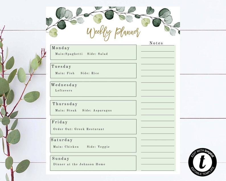May include: A printable weekly planner with a green and white color scheme. The planner has a floral design at the top and includes sections for each day of the week, with spaces for meal planning and notes.